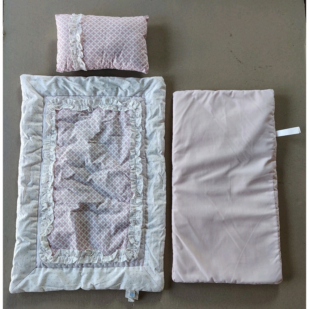 Pottery Barn Kids Doll Bedding Pink White Ruffle  Polka Dot Stripes 3 Piece Set